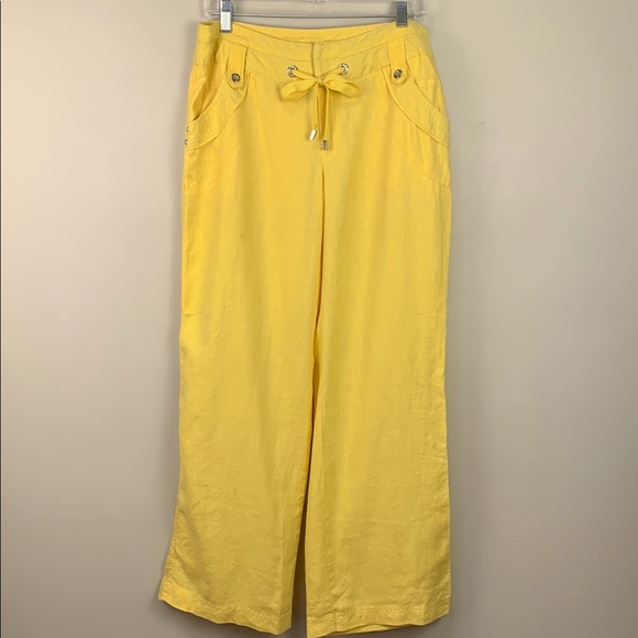 INC International Concepts Yellow Linen Drawstring Wide Leg Pants Crystal Detail - Picture 1 of 9